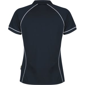 A navy polo shirt with white contrast stitching and a branded label on the side.