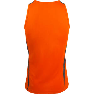An orange singlet featuring grey side panels and a logo on the back.