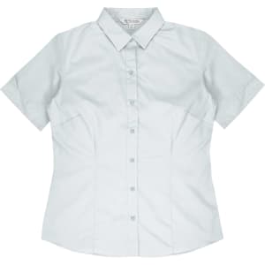 A light grey button-up shirt with short sleeves and a fitted design. It features a collar and a logo.