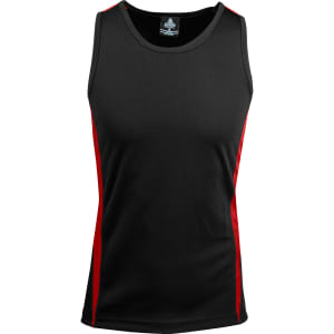 A black singlet with red side panels and a logo at the neckline. Ideal for casual wear or sports.