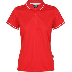 A red polo shirt featuring white trim and a four-button placket. It includes a logo on the side.