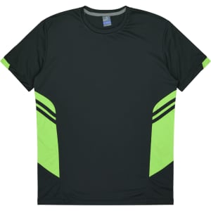 A dark green t-shirt with bright green accents and black stripes on the sides. It has a branded logo.