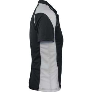 A black and grey men's polo shirt with a side view, featuring a logo on the chest area.