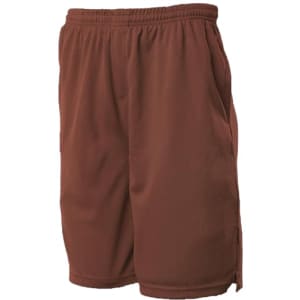 Brown sports shorts featuring an elastic waistband and side pockets, designed for athletic activities.