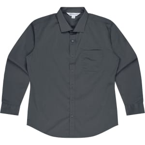 A long sleeve button-up shirt in dark grey, featuring a front pocket and a collar, with a logo on the label.