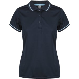 A navy blue polo shirt with a sporty design and contrasting light blue trims. It features a collar and button placket.