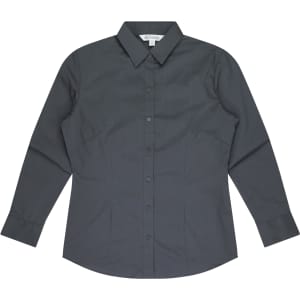 A long-sleeve button-up shirt in dark grey with a collar and a logo.