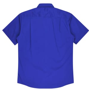 A blue short-sleeve button-up shirt featuring a back yoke and a brand logo.