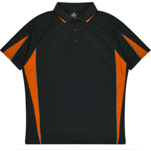 A black polo shirt with orange accents and a collar, featuring a logo on the left side.