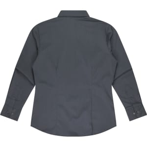 A long sleeve button-up shirt in dark grey, featuring a collared neckline and cuffed sleeves.