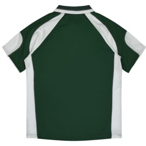 A green and white polo shirt featuring short sleeves and a collared neckline. It has a logo on the back.
