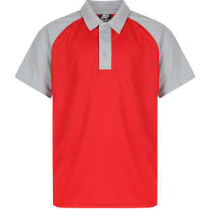 A red and grey polo shirt with a collar and three buttons, featuring a logo on the chest.