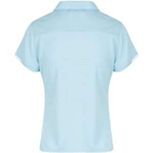 Light blue polo shirt with short sleeves and a collar, featuring a logo on the back.