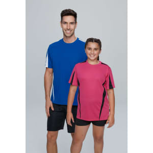 A blue men's T-shirt and a pink women's T-shirt displayed on a male and female model, both with contrasting details.