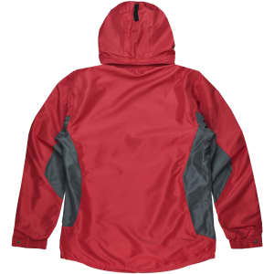 A red jacket with grey side panels and a hood. Features logo branding.