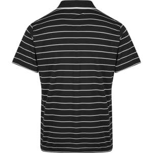 A black and white striped polo shirt with a classic collar and short sleeves, featuring a logo.