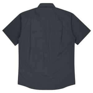 A short-sleeve button-up shirt in dark grey with a plain back design and a collar. Features a logo.