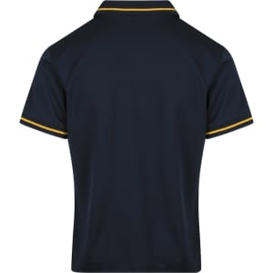A navy blue polo shirt featuring contrasting yellow stripes on the collar and sleeves, with a logo present.