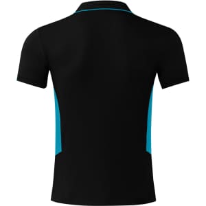 A black polo shirt featuring turquoise accents and a logo. The shirt has a classic fit with a collar and short sleeves.