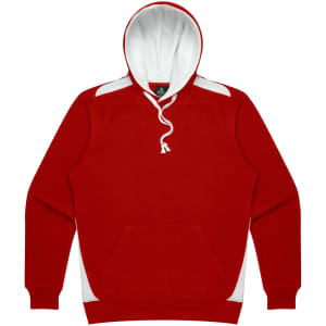 A red hoodie featuring a white hood and side panels, with a front pocket and a logo.
