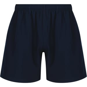 Navy blue men's sports shorts with an elastic waistband and a logo on the front. Suitable for training activities.