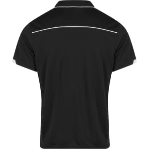 A black polo shirt with white piping, featuring a classic collar and short sleeves. It has a logo on the back.