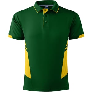 A green and yellow polo shirt featuring a logo, with contrasting stripes on the sides.