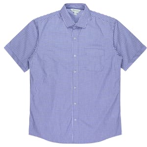 A short-sleeve button-up shirt in blue and white checkered pattern, featuring a single chest pocket and a collar.