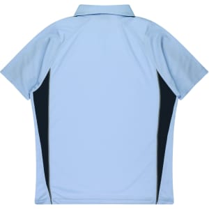 A light blue polo shirt featuring dark side panels and a collar, with a logo on the front.