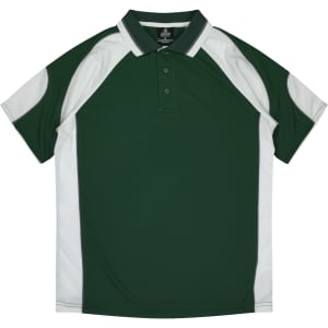 A green and white polo shirt with a logo, featuring a raglan sleeve design.