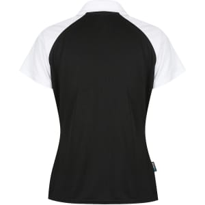 A black and white polo shirt with a sporty design and a logo on the back. The shirt features short sleeves and a collar.