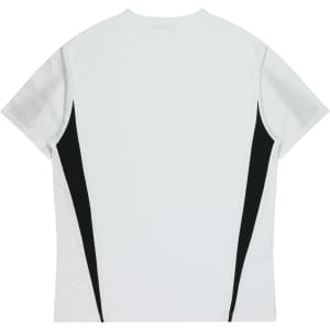 A white t-shirt featuring black side panels, designed for kids, with a logo on the back.