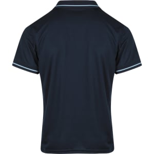 A navy blue men's polo shirt featuring a collared neckline and contrasting trim, with a logo on the back.