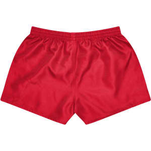 Red rugby kids shorts with an elastic waistband, featuring a logo on the side.