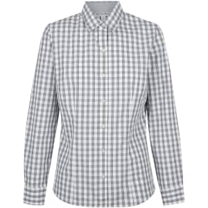 A long-sleeve, button-up shirt featuring a grey and white checkered pattern with a collar and branding.