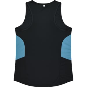 A black singlet with light blue side panels and a logo. The design features a classic sleeveless cut.