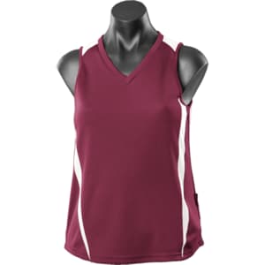A maroon singlet featuring white side accents, displayed on a mannequin. Includes a brand logo.