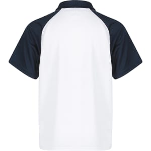 A polo shirt featuring a white body and navy blue sleeves, with a logo on the back.