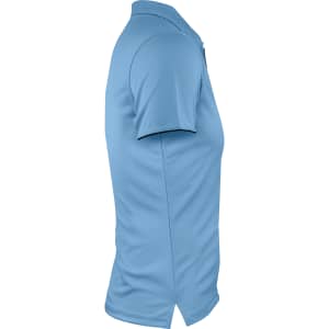 A light blue polo shirt with a slim fit and a collar. It features a logo on the chest.
