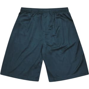 Dark green kids' sports shorts with an elastic waistband and a smooth finish. Features a logo.