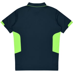 A dark blue polo shirt with vibrant green accents on the sides and collar, featuring a logo.