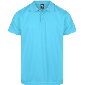 A turquoise polo shirt with a collar, short sleeves, and a logo on the label.