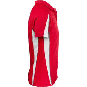 A red polo shirt with white side panels and a collar, featuring a logo on the front.