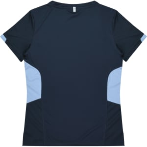 A dark navy blue women's t-shirt with light blue side panels and a logo at the back.
