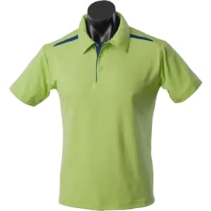 A green polo shirt featuring a collared neck and blue accents, displayed on a mannequin. It has a logo.