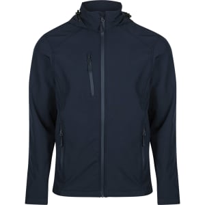 A dark navy jacket featuring a zip front, two front pockets, and an adjustable hood. It has a logo on it.