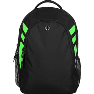 A black backpack with vibrant green stripes, featuring a logo and side mesh pockets.