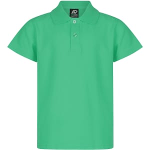 A green polo shirt for kids featuring a collar and a button placket, with a brand logo at the neckline.