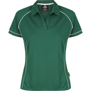 A green polo shirt with white piping and a collar, designed for women, featuring a logo on the chest.