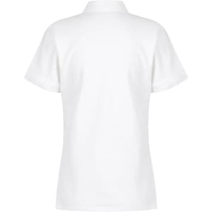 A white women's polo shirt featuring a classic design and short sleeves. It includes a logo on the fabric.